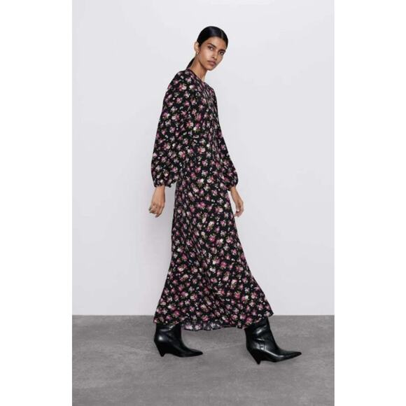 Zara Printed Long Sleeve Black Florals Midi Dress Size Small - Picture 3 of 15